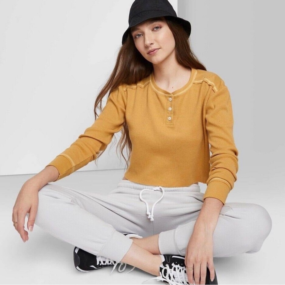 Wild Fable Women's Crop Long Sleeve Boxy Waffle Henley Yellow Size XL NWT